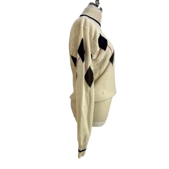 Vintage Liz Sport Wool Sweater Ivory Argyle Turtleneck Cowl & Turtlenecks